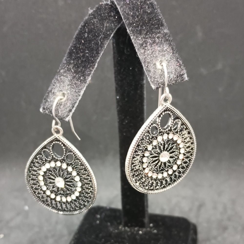 Silver and Black Mandala Dangle Earrings